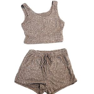 Brown Knit Pajama Shorts Set